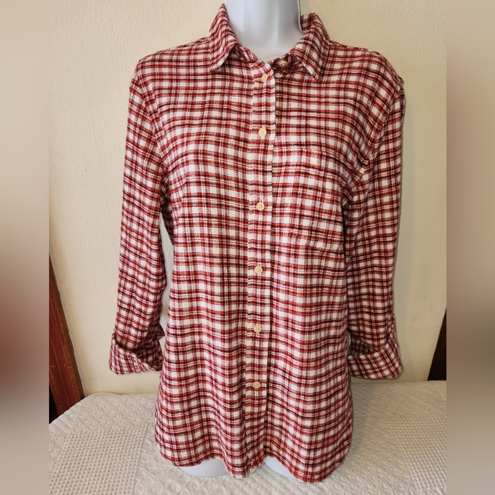 J. Crew Womens Classic Flannel Tartan Red and White Button Down Shirt 6 Small